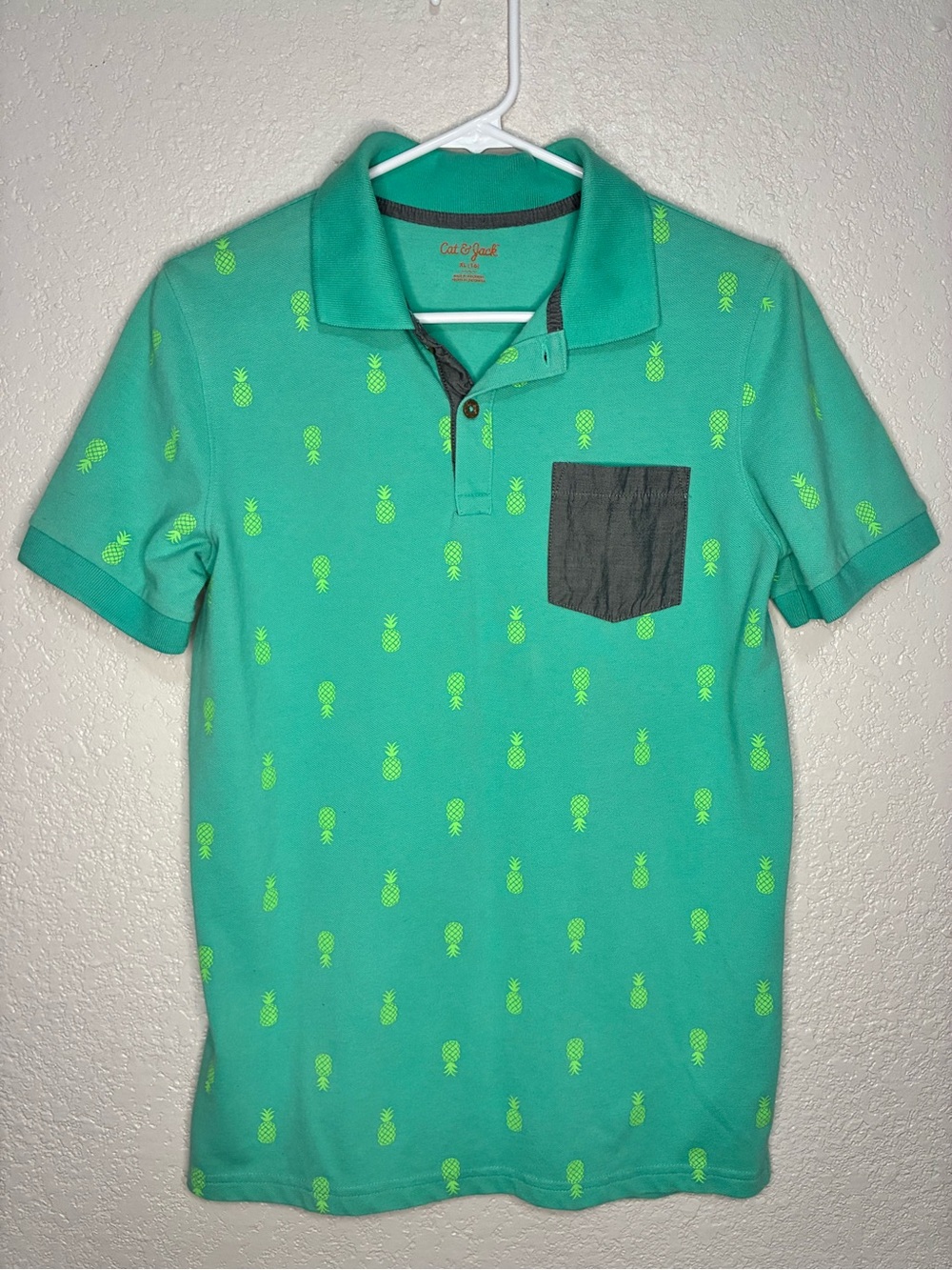 Cat & Jack Teal Polo with Neon Pineapple Print and Charcoal Pocket